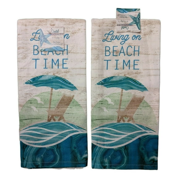 Set of 2 LIVING ON BEACH TIME Kitchen Tea Towels by Kay Dee Designs