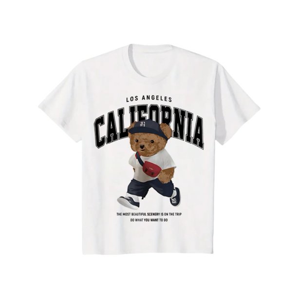 Women's Fashion Round Neck Short Sleeved T-Shirt Trendy Summer Street Style Wear Cartoon Bear and Letter Print Tee
