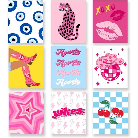 Pink Blue Art Poster Modern Aesthetics Canvas Prints Poster Cheetah Red Lips Wall Poster Personalised Wall Art Prints for Preppy Room Bedroom Living Room Decoration Unframed Set of 9