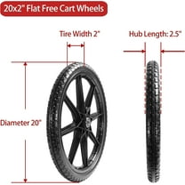 20" Flat Free Cart Wheels for Lawn Mower, 2 Pack - High Quality, 300LBS Load Capacity, 20x2" Tires with 3/4" Bearing, Black