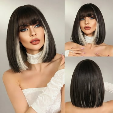 Phocas Black Short Bob Wigs for Women 14inch Highlight White Shoulder Length Straight Wig with Bangs