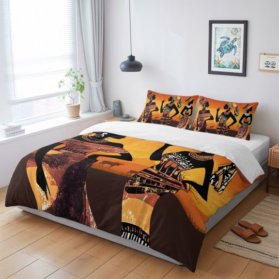 Duvet Cover King Size 3 Piece Bedding Set, Black Woman Ethnic Style Soft Breathable Comforter Cover with 2 Pillow Shams, Orange Gradient Gradient Luxury Duvet Covers with Zipper Closure