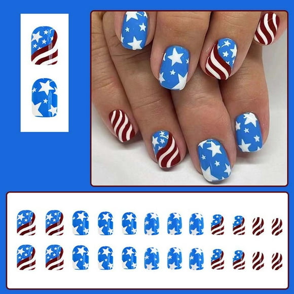 Up to 60% Off! Gspmoly False Nails, Short Glossy Independence Day New Light Irregular Lines Glitter 24Psc Press On Nails