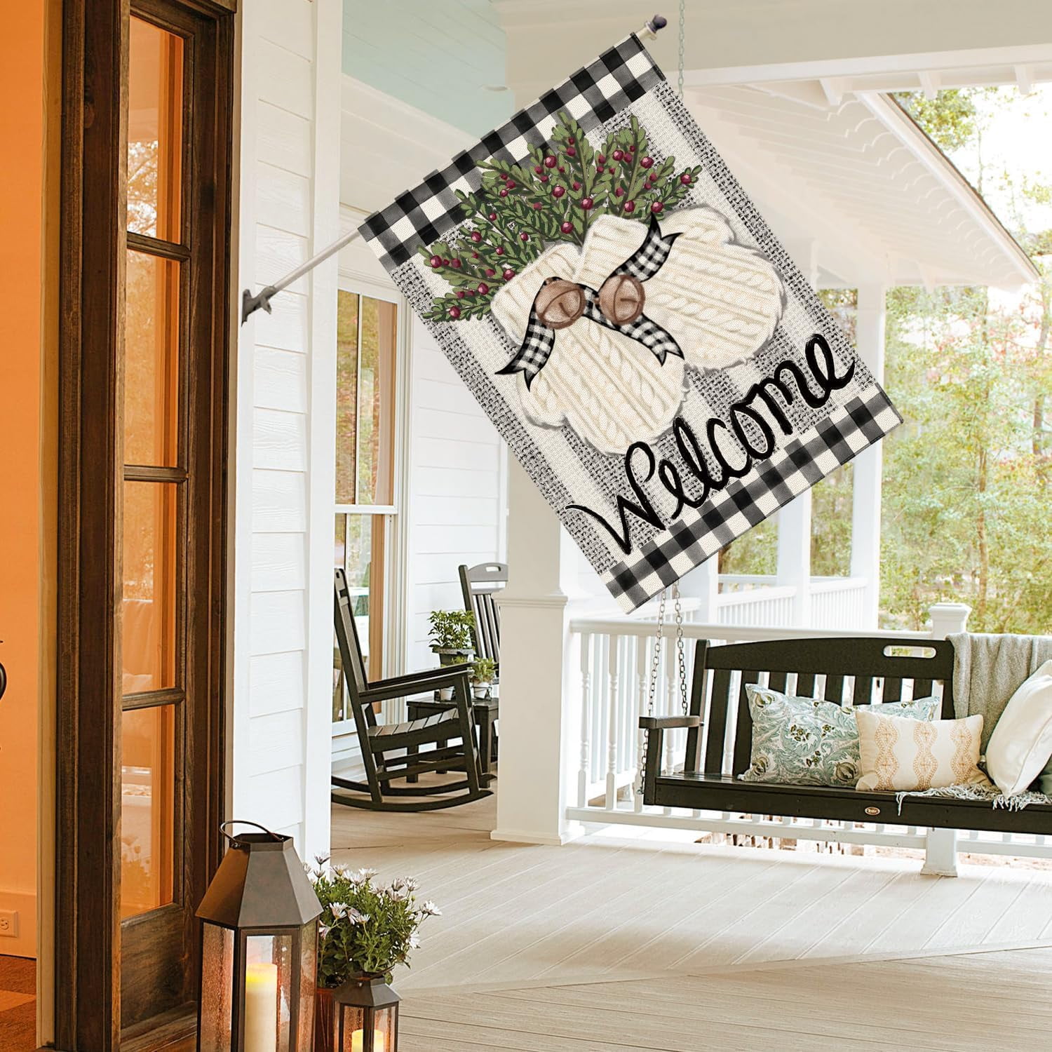 Lanola Gloves Holly Welcome Winter House Flag 28x40 Inch Double Sided, Buffalo Plaid Rustic Seasonal Yard Outdoor Decorative Flag