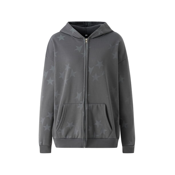 VISgogo, chaqueta con capucha de manga larga para mujer, estilo de gran tamaño, patrón de estrella, ropa de calle Vintage, ropa con cremallera VISgogo moda