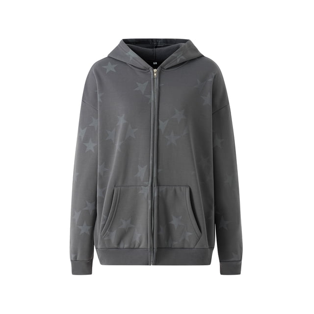 VISgogo, chaqueta con capucha de manga larga para mujer, estilo de gran tamaño, patrón de estrella, ropa de calle Vintage, ropa con cremallera VISgogo moda
