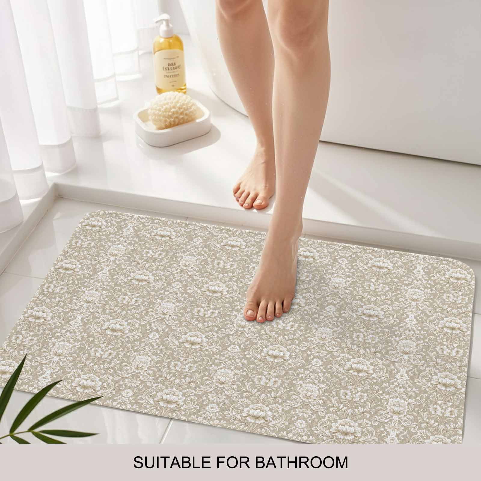 Beige Damask Doormat Outdoor Entrance 24"x36", Vintage Country Scroll Floral Patterned Absorb Moisture Dirt Door Mats, Non-Slip Rubber Backing Floor Mats Indoor, Low-Profile Front Door Rugs