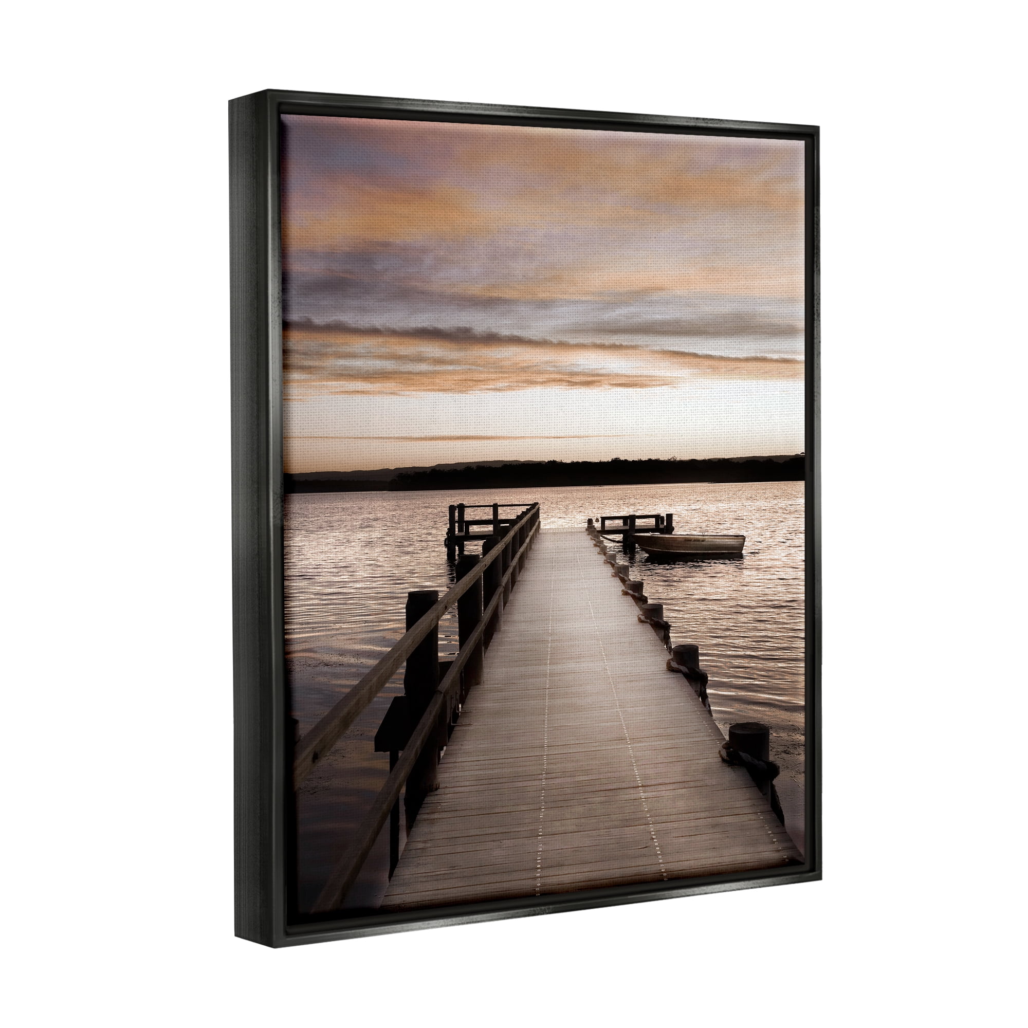 Stupell Industries Boat & Beach Pier Landscape Photography Black Floater Framed Canvas Art Print Wall Art, 17 x 21