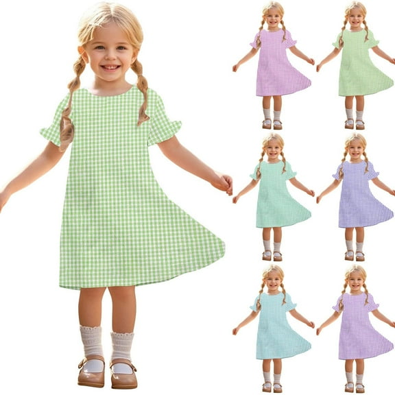 Pounoo New Kids Dresses Girls Leisure Print Short Sleeve Casual Dresses Round Neck Knee Length Dress Stretchable Girls Dresses 7-8