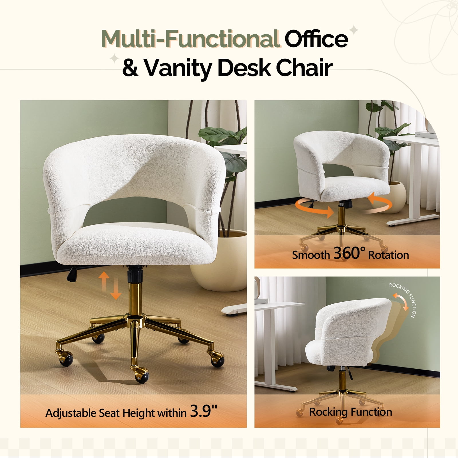 UBesGoo Modern Swivel Accent Chair, Flannel Makeup Vanity Chair, Highly Adjustable Desk Chair for Living Room Dorm Office, White
