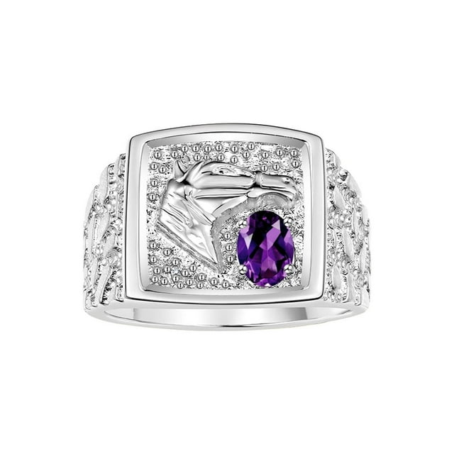 RYLOS Men's Rings Sterling Silver Rings Lucky Nugget Horse Head 6X4MM Oval Gemstone & Diamond Ring Amethyst February Birthstone Rings For Men Size 9
