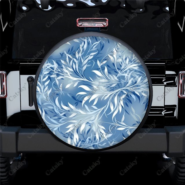 Abstract Modern Blue Leaves Pattern Polyester Universal Spare Wheel Tire Cover Wheel Covers for Trailer RV SUV Truck Camper