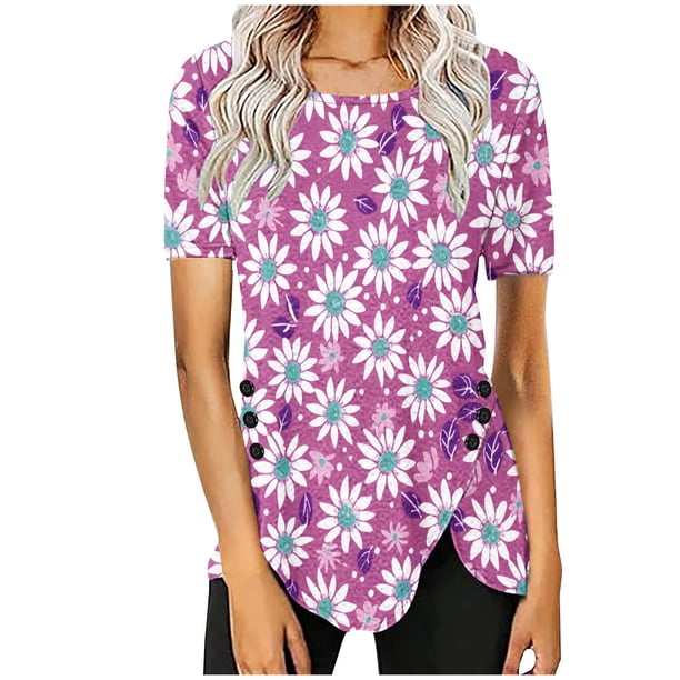 Blusas de Manga Corta para las Mujeres Botón Impreso Cuello Redondo Top Casual, Blusas para las Mujeres Casual