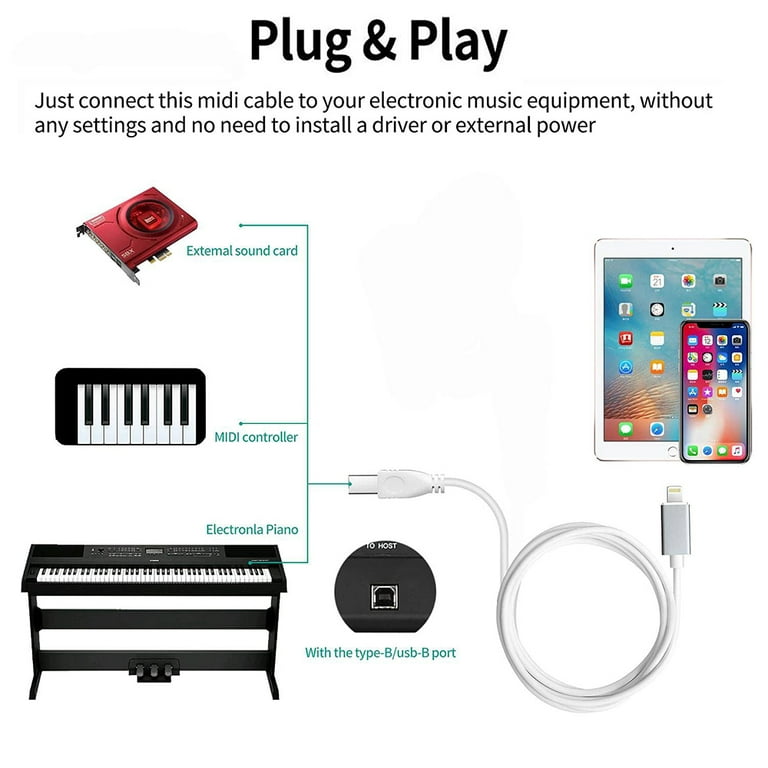 Lægge sammen pistol Admin USB 2.0 Cable Type B to Midi Cable OTG Cable Compatible with iOS Devices to Midi  Controller, Electronic Music Instrument, Midi Keyboard, Recording Audio  Interface, USB Microphone - Walmart.com