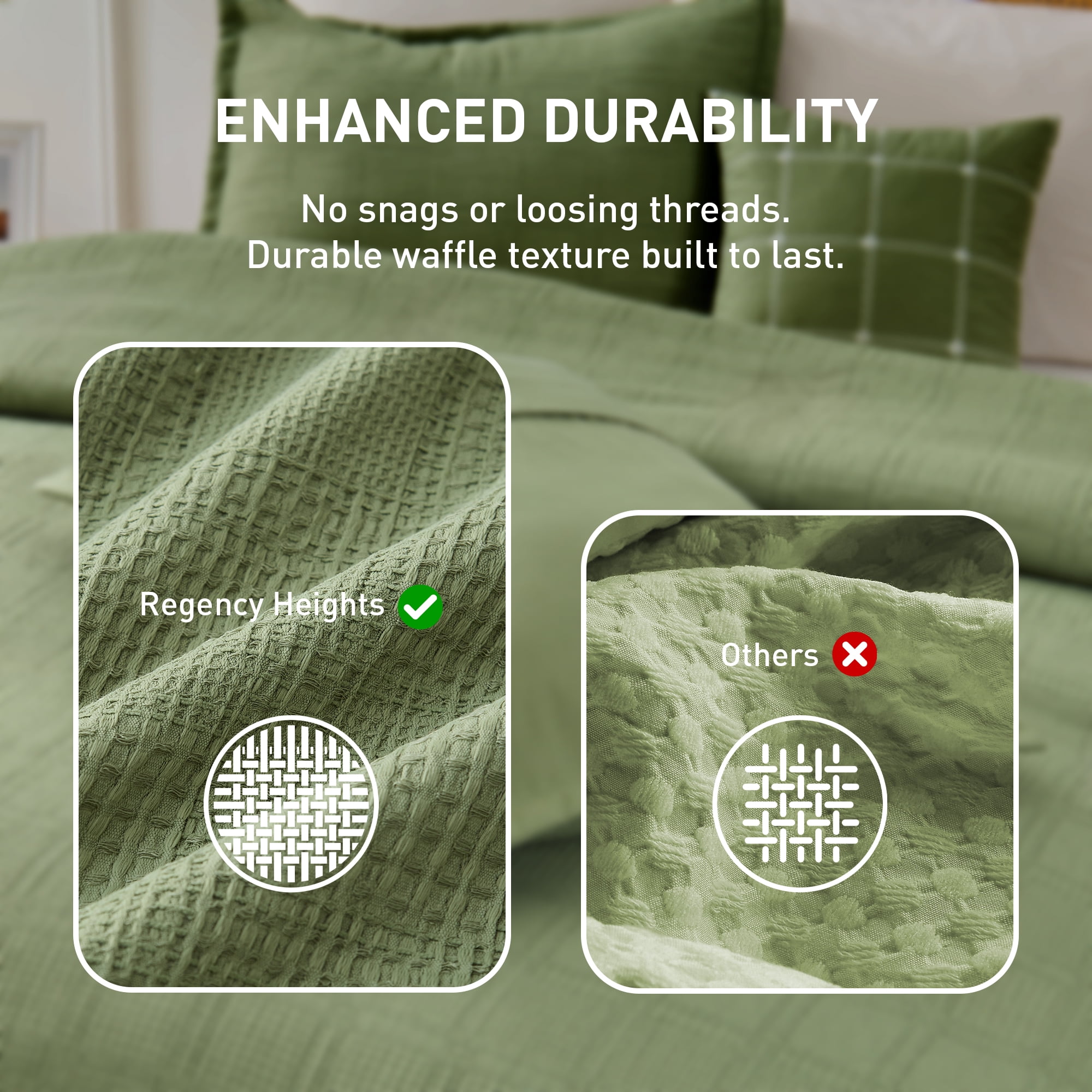 Regency Heights Waffle Weave Duvet Cover Set Full/Queen Size, Breathable Duvet Cover Set for All Season, 3-Piece Textured Bedding Set with Pillow Shams, Green