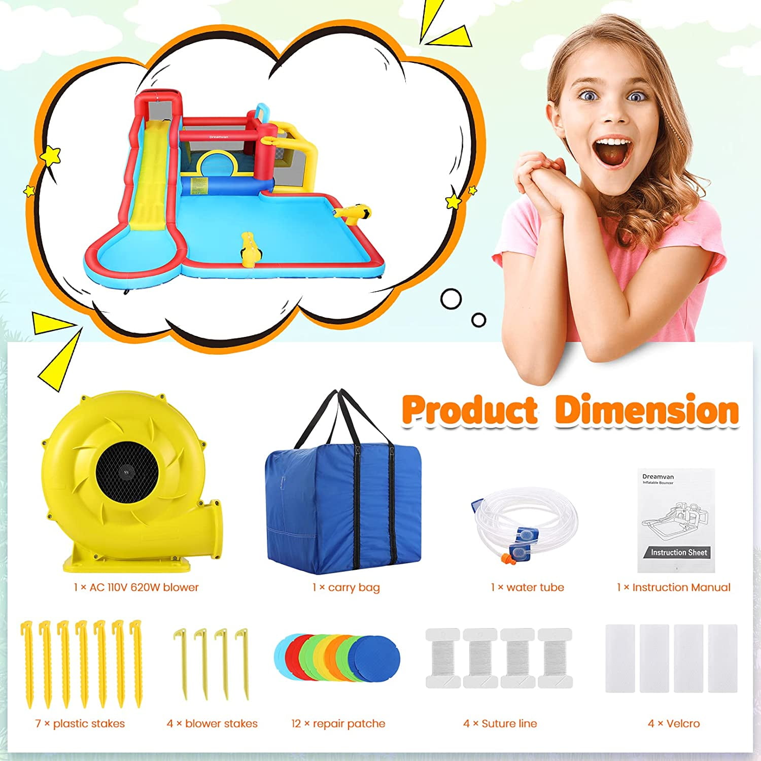 Qhomic Inflatable Water Slide 12 in 1 Waterfall Waves Mega Water Park, Inflatable Bounce House Water Slide with Splash Pool, Climbing Wall, Cannon, Basketball Hoop, Ball Shooting, Football Gate