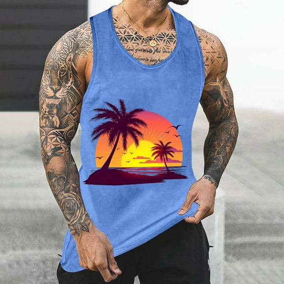 Gifts for Men! Titcea Mens Tank Top Round Neck Sleeveless Hawaiian Beach Graphic T Shirts Workout Running Summer Casual Tank Tops