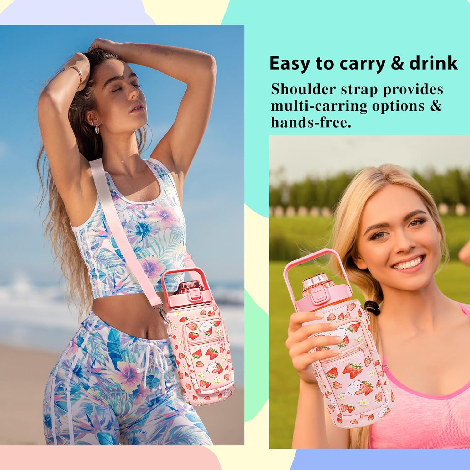 64 oz Water Bottle with Straw Sleeve & Strap Motivational BPA Free Half Gallon Water Jug with Handle for Gym Women Men Aesthetic Water Bottle with Strap Strawberry Cat