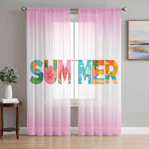 Summer Holiday Sheer Curtains 84 Inch Length 2 Panels Set, Gradient Pink Tropical Ocean Palm Tree Fruits Window Treatment Rod Pocket Curtains Sheers Drapes for Bedroom/Living Room/Kitchen 52"x84"x2