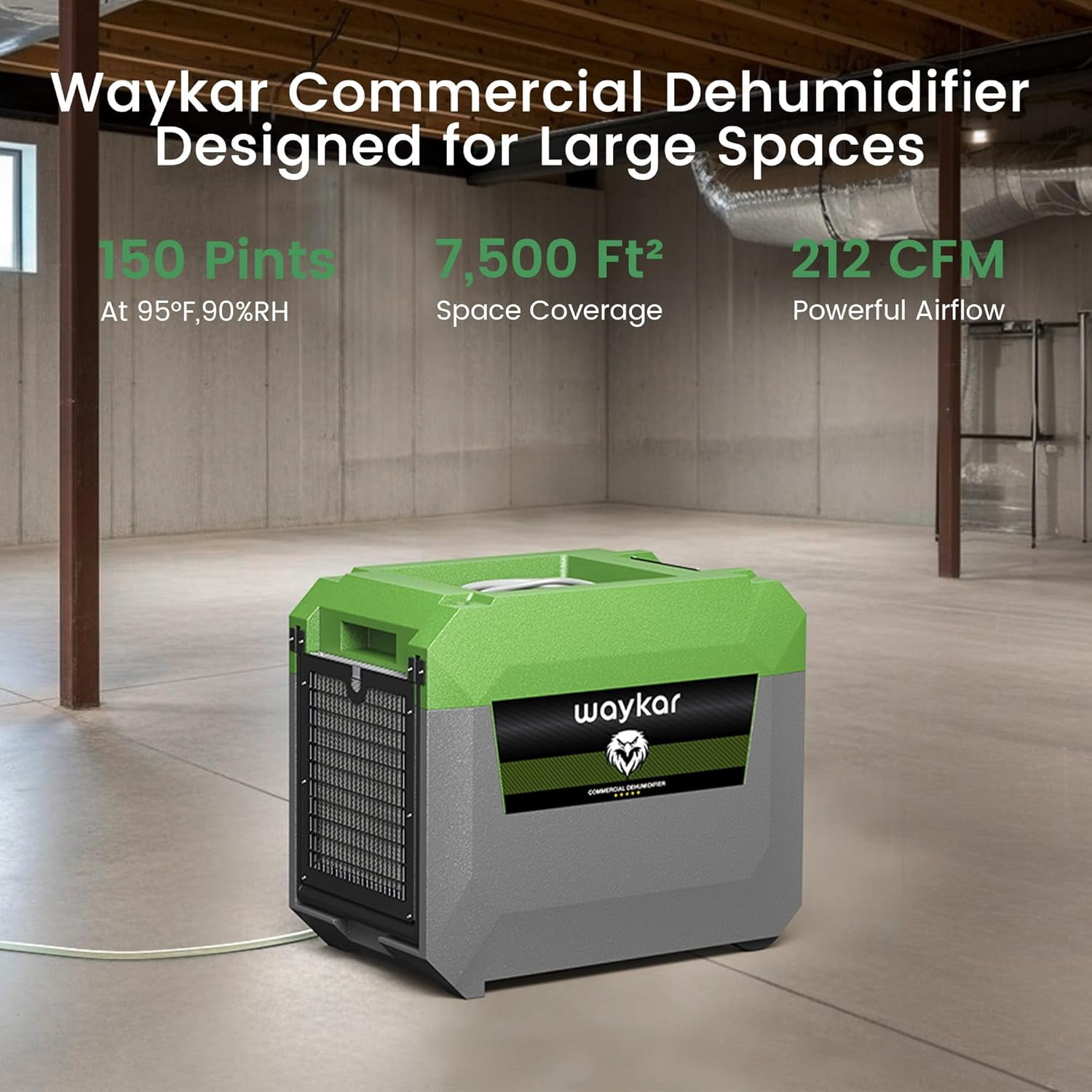 Waykar 150 Pints Commercial Dehumidifier with Pump for Large Areas up to 7,500 Sq. Ft, Stackable Industrial Dehumidifier for Crawl Spaces, Basements, and Water Damage Restoration — 5 Year Coverage