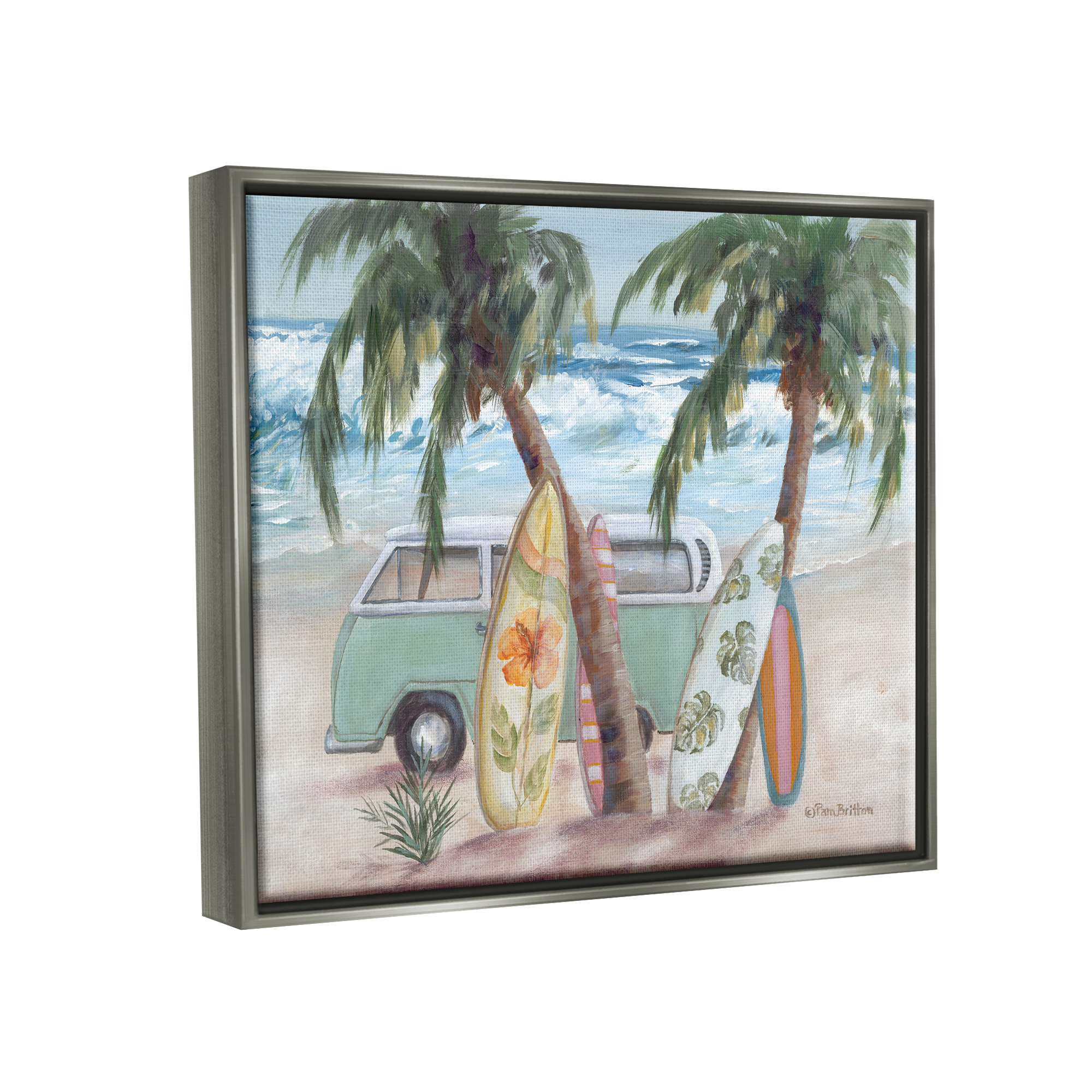 Stupell Summer Waves Tropical Van Surfboards Landscape Painting Gray Floater Framed Art Print Wall Art