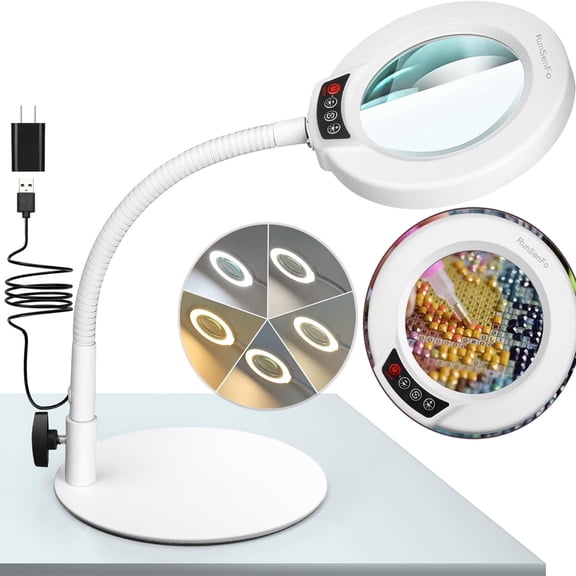 RunSenFo 4.4-inch Magnifying Glass with Light and Stand with Flexible Goose-Neck - White