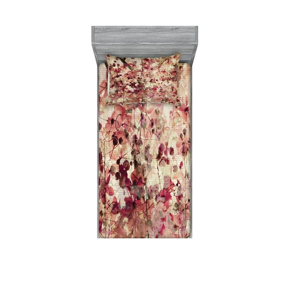 Ambesonne Retro Fitted Sheet & Pillow Sham Set, Cherry Blossoms Floral, Twinxl, Beige and Pink