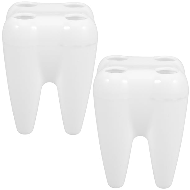 2 soportes para cepillos de dientes con forma de diente, para encimera de baño, con 4 orificios, organizador único para niños y adultos