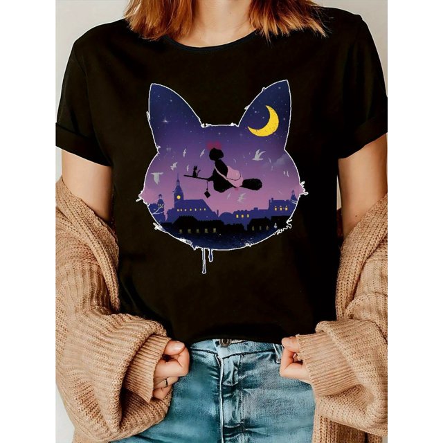 Women'S Casual Anime-Inspired T-Shirt with Moonlit Cityscape Design - Soft Black Print, Short Sleeve, Round Neck, Lightweight & Breathable for Spring/Summer, Perfect Gift, Casual Wear Tee | Anime