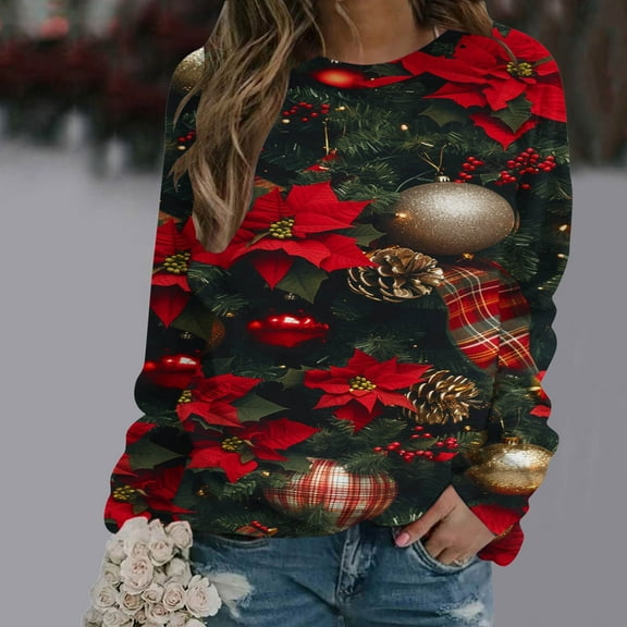 WXLWZYWL Womens Christmas Sweatshirts Cute Xmas Ugly 3D Graphic Print Sweaters Oversized Long Sleeve Round Neck Pullover Tops