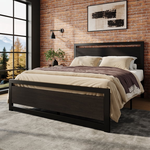 Einfach Queen Size Metal Platform Bed Frame with Wooden Headboard & Footboard, Black Oak