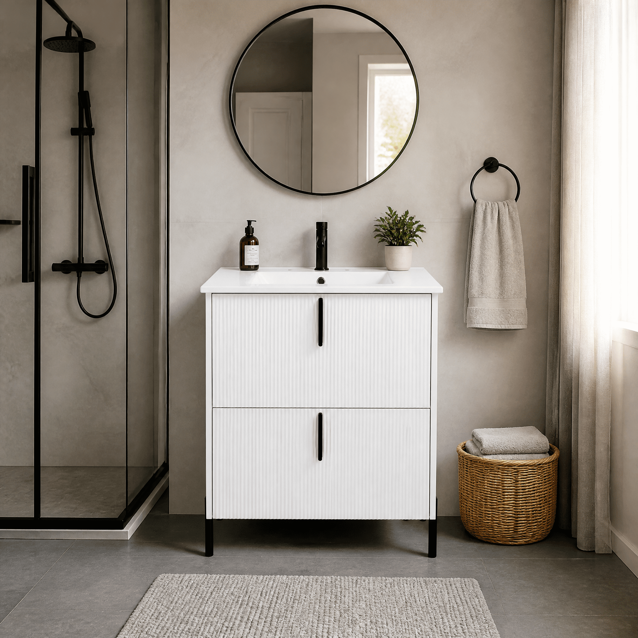 30" Bathroom Vanity with Ceramic Sink and Full-Extension Drawers, Soft Close Undermount Drawer Slides, Fluted Design, White