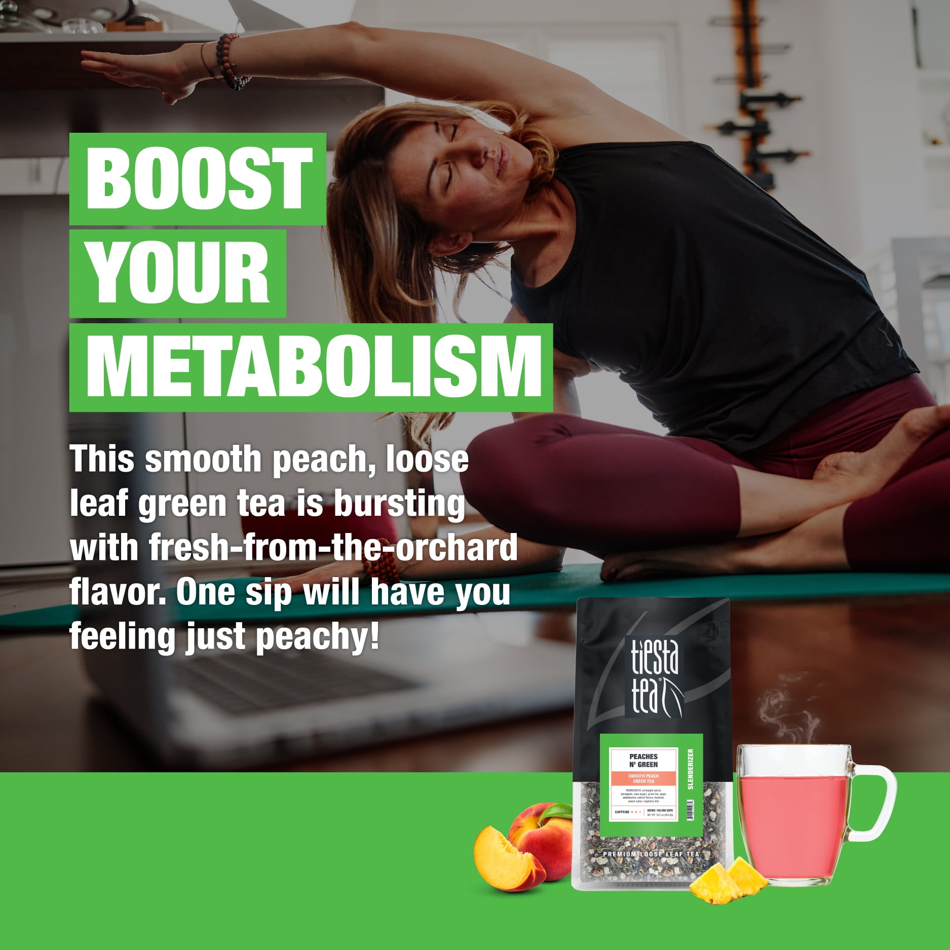 Tiesta Tea - Peaches N´ Green, Slenderizer Loose Leaf Green Tea, Smooth Peach Green Tea, Medium Caffeine, GMO-Free, Make Hot or Iced Tea & Brews Up to 200 Cups - 12 Ounce Resealable Bulk Pouch