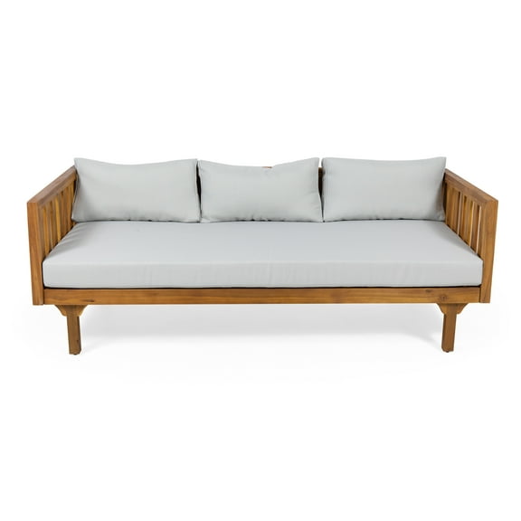 Noble House Lainey Outdoor 3-Seater Acacia Wood Daybed, Teak, Light Gray
