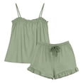 thumbnail image 5 of Women's Solid Satin Bridal Two Piece Pajama Sets, Ruffle Spaghetti Strap Tank Top & Elastic Waist Shorts, Romantic Glossy Fabric Ideal For Wedding Spa Daily | TruHer,Army Green L, 5 of 7