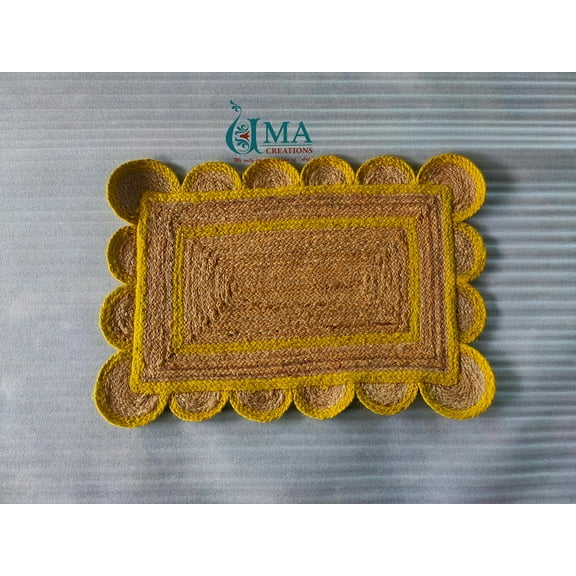 2x3 Scalloped Jute Doormat Rug , Scallop Rag Rug Doormat with Yellow Outlines