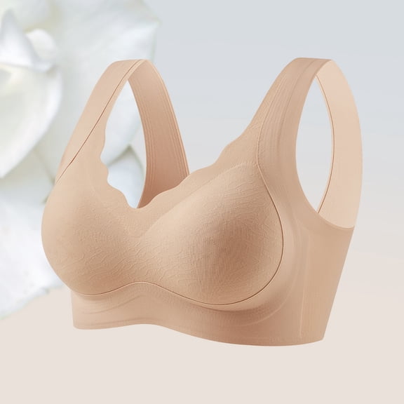 Womens Seamless Wireless Bra, Wide Strap V-Neck Breathable Casual Comfortable Smoothing Shaping Brassiere Khaki Training Sports Bras for Lady L