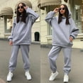 thumbnail image 3 of New Fashion Autumn Winter Solid Color Hooded Sweatshirt Casual Two-Piece Set For Women, 3 of 10