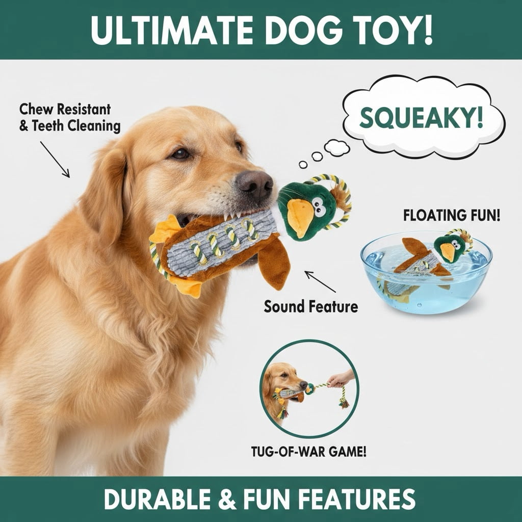 Duck Plush Squeaky Dog Toy, Tug of War Interactive Chew Toy with Rope, Durable Teeth Cleaning Pet Toy for Small to Medium Dogs