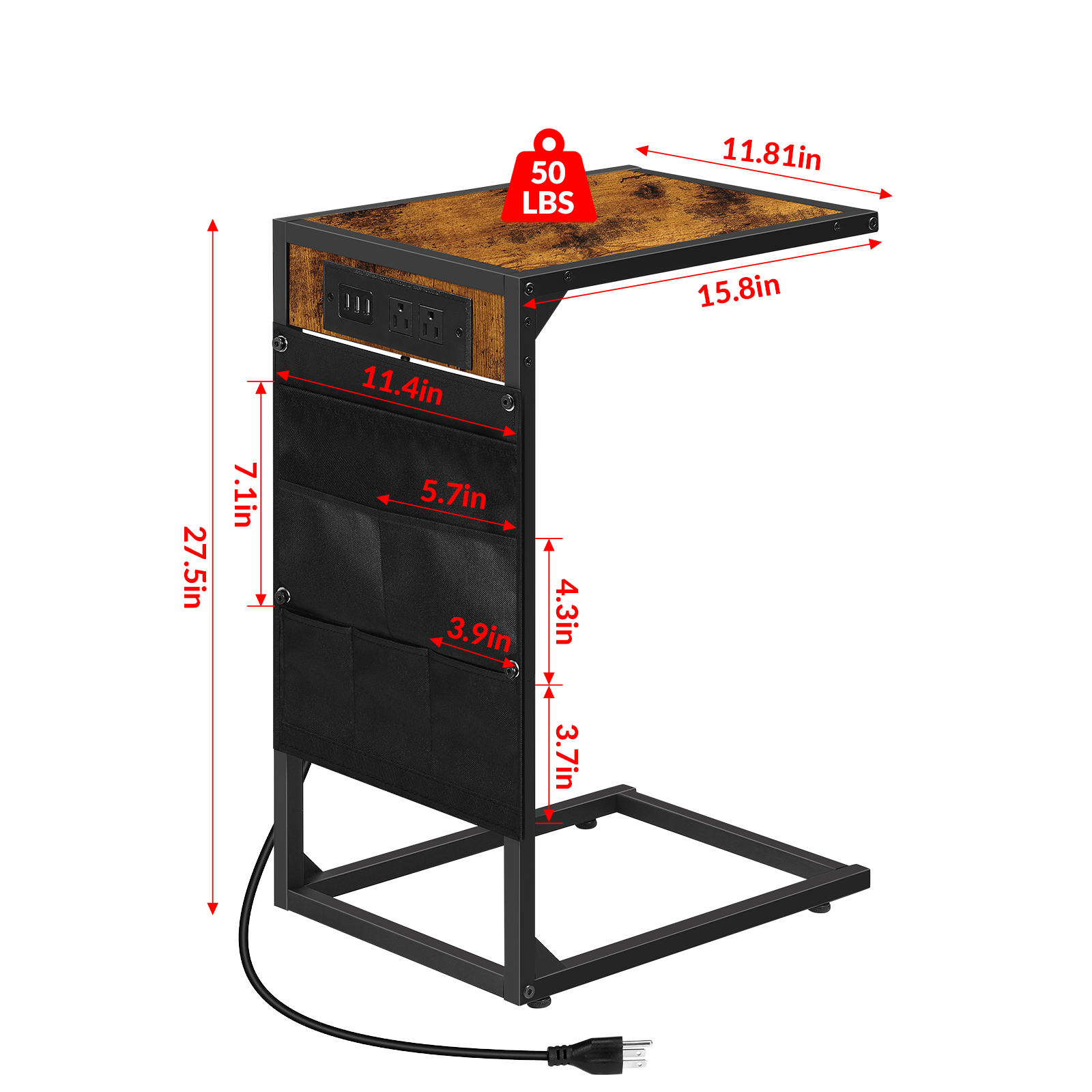 C-Shaped Coffee Table Side Table with Charging Station 2 Piece Sofa Table Set Brown