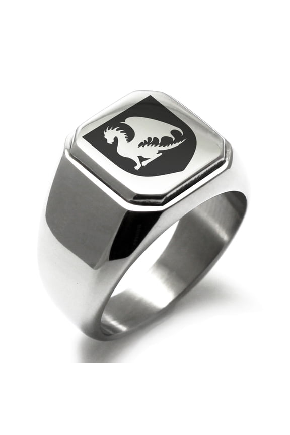 Stainless Steel Dragon Guardian Coat of Arms Shield Engraved Square Flat Top Biker Style Polished Signet Ring