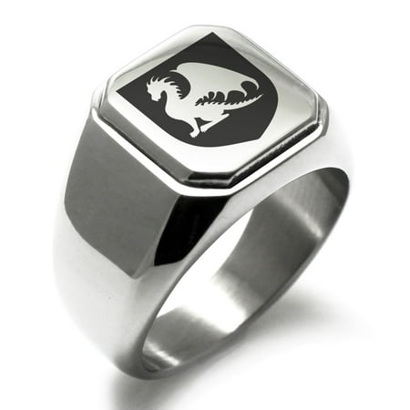 Stainless Steel Dragon Guardian Coat of Arms Shield Engraved Square Flat Top Biker Style Polished Signet Ring