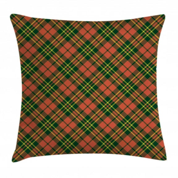 Checkered Throw Pillow Cushion Cover, Irish Tartan Plaid Motifs in Christmas Colors Geometrical Crossed Stripes, Decorative Square Accent Pillow Case, 18 X 18 Inches, Red Emerald Yellow, by Ambesonne