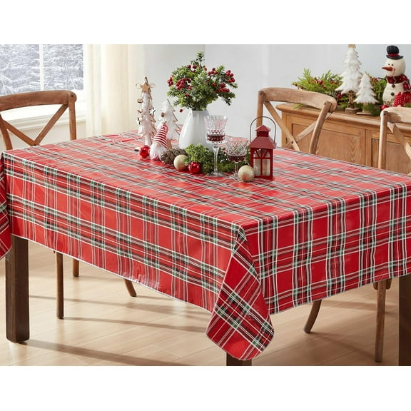 Christmas Plaid Red and Black Check 52 x 52 Inch Square Vinyl Flannel Backed Tablecloth