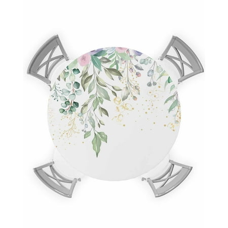 

Round Tablecloth with Elastic Watercolor Purple Flowers Eucalyptus Leaves Waterproof Stain-proof Table Cover Wipeable Fitted Table Cloths for 55 -60 Round Tables Dining Kitchen