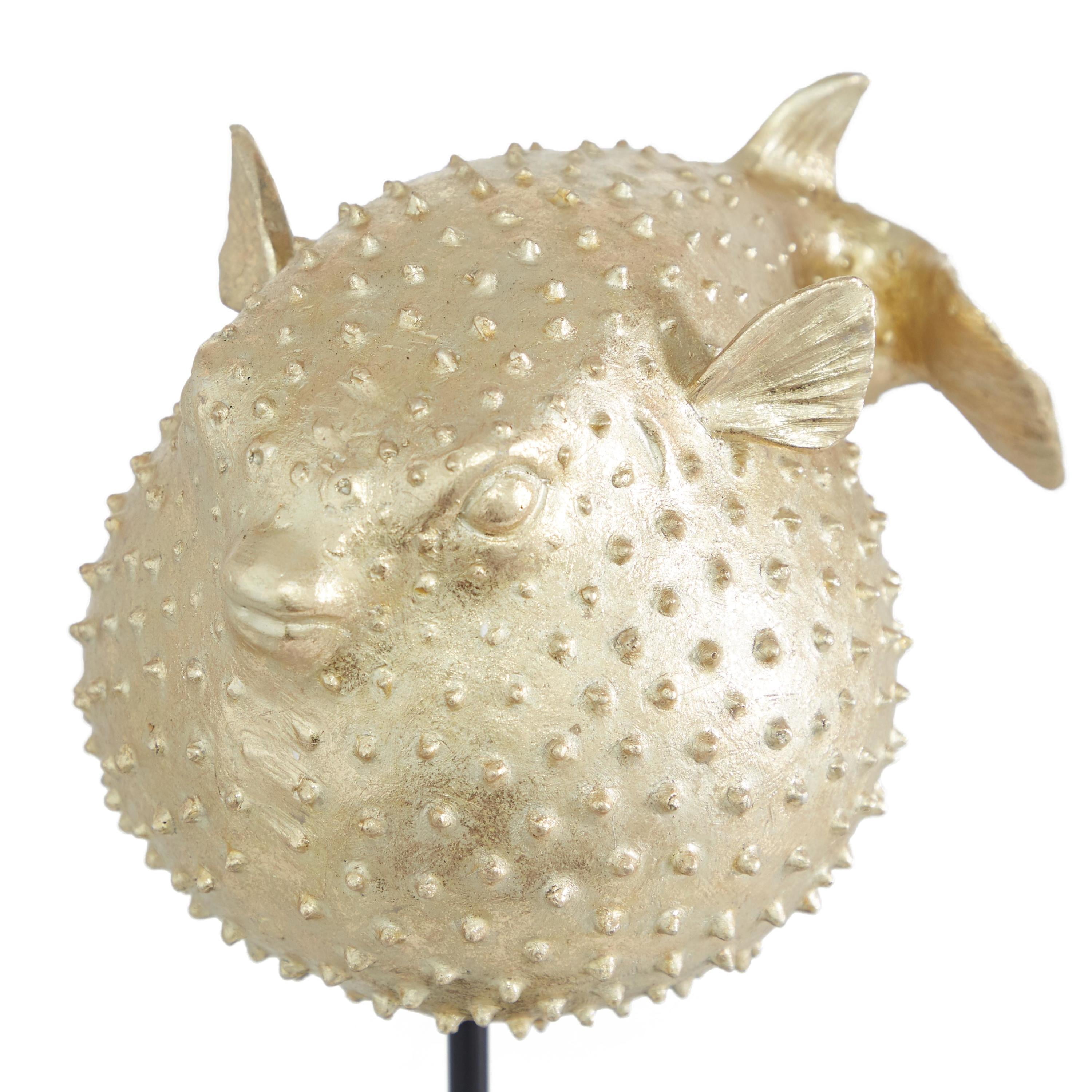 10" x 14" Gold Polyresin Handmade Spiked Blowfish Sculpture with Stand, by DecMode