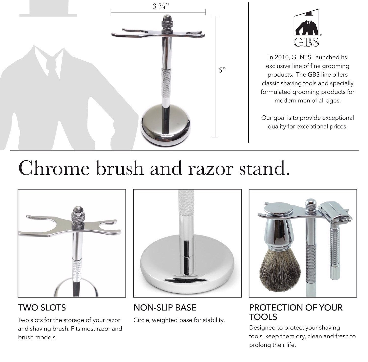 GBS 3 Piece Set - Double Edge Safety Razor, Stainless Brush and Razor Stand and Chrome Pure Badger Brush. Includes 10 Pack of Blades
