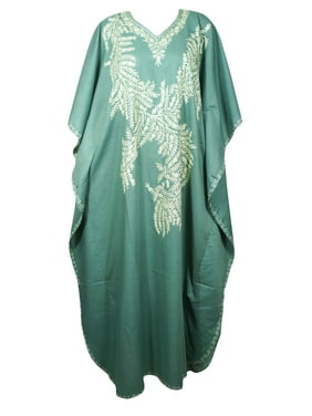 Mogul Women Teal Blue Kaftan Maxi Dress Boho Loose Floral Embroidery Kimono Sleeves Resort Wear Cover Up Housedress 4XL