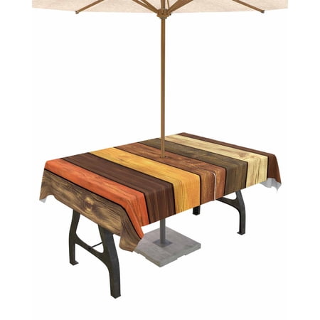 Fsddascl Farmhouse Orange Brown Outdoor Tablecloth - 60x120 Inch Rectangle Dining Table Cover Retro Vintage Wood Waterproof Outdoor Table Cloth with Umbrella Hole & Zipper for Picnic/Patio/Party