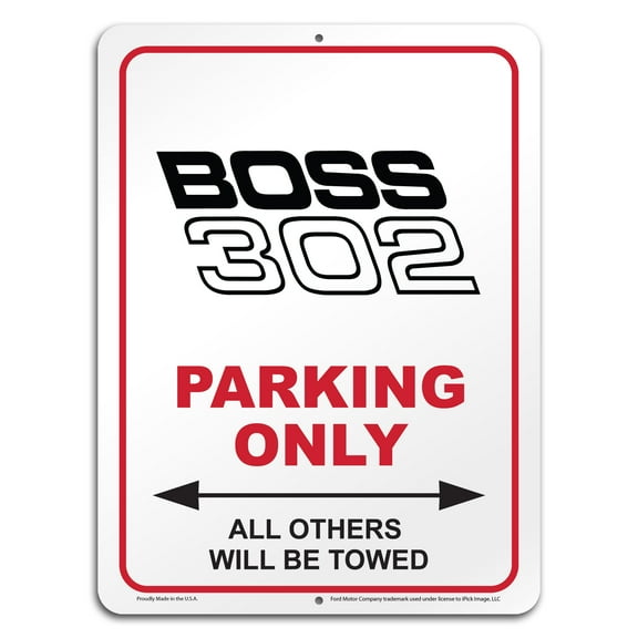 iPick Image for Ford Mustang Boss 302 12" x 9" Parking Only Sign in White Glassy Aluminum, Official Licensed